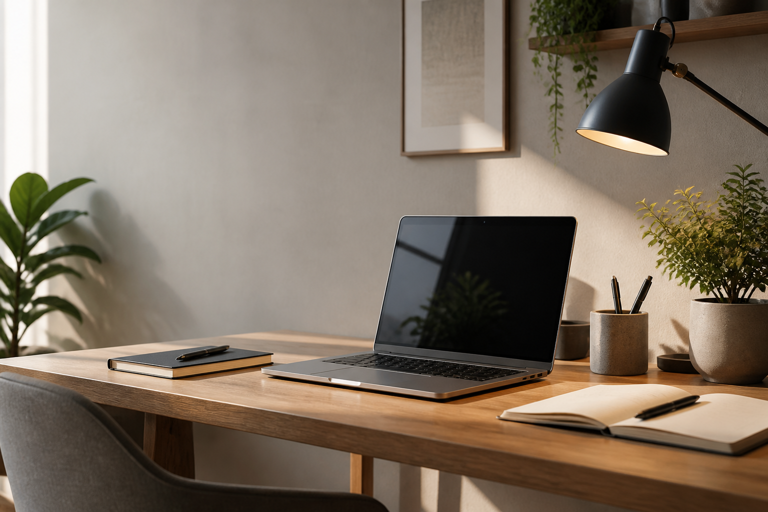 A polished creative workspace with a laptop and notebook